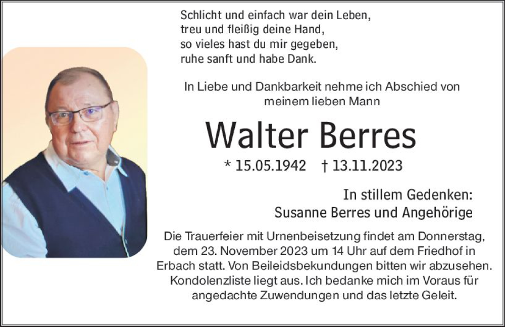  Traueranzeige für Walter Berres vom 18.11.2023 aus Odenwälder Echo