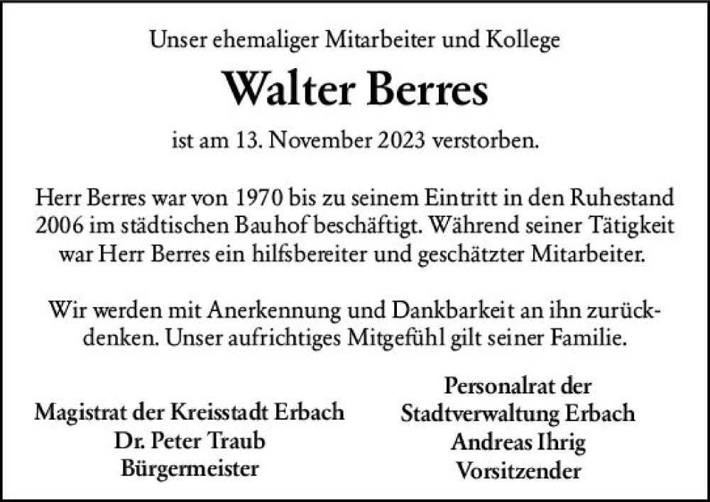  Traueranzeige für Walter Berres vom 21.11.2023 aus Odenwälder Echo