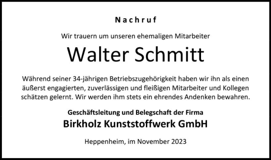 Traueranzeige von Walter Schmitt von Starkenburger Echo