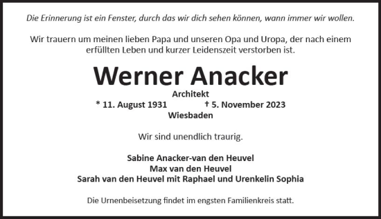 Traueranzeige von Werner Anacker von Wiesbadener Kurier