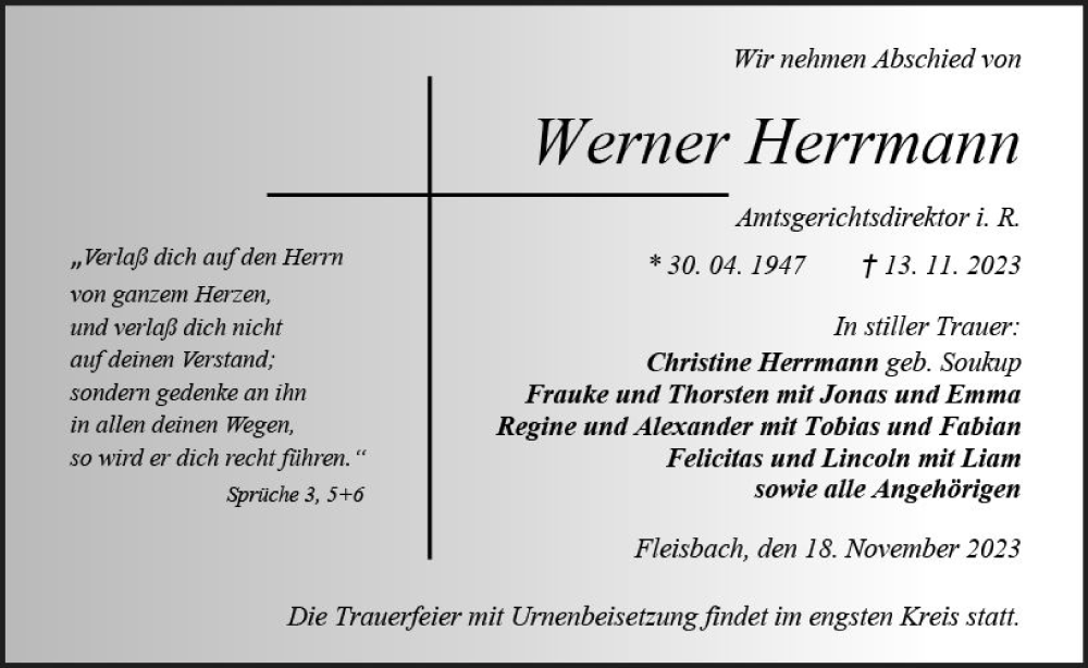  Traueranzeige für Werner Herrmann vom 18.11.2023 aus Dill Block