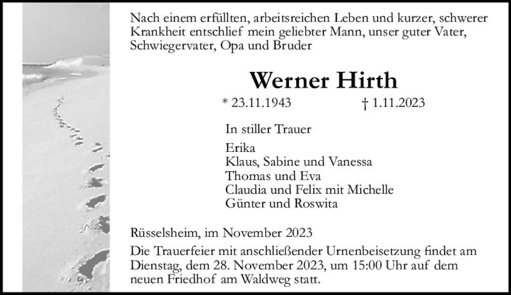  Traueranzeige für Werner Hirth vom 18.11.2023 aus Rüsselsheimer Echo