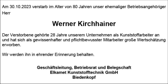 Traueranzeige von Werner Kirchhainer von Hinterländer Anzeiger
