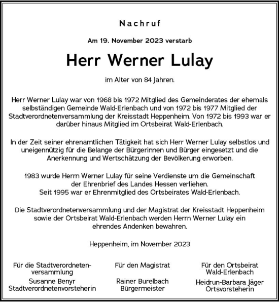 Traueranzeige von Werner Lulay von Starkenburger Echo