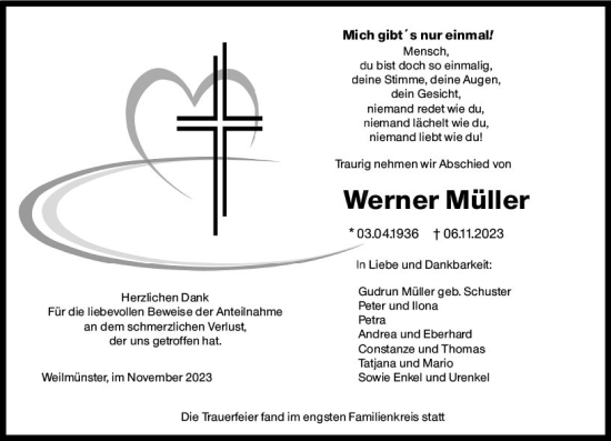 Traueranzeige von Werner Müller von Weilburger Tageblatt