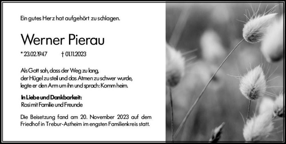  Traueranzeige für Werner Pierau vom 21.11.2023 aus Rüsselsheimer Echo