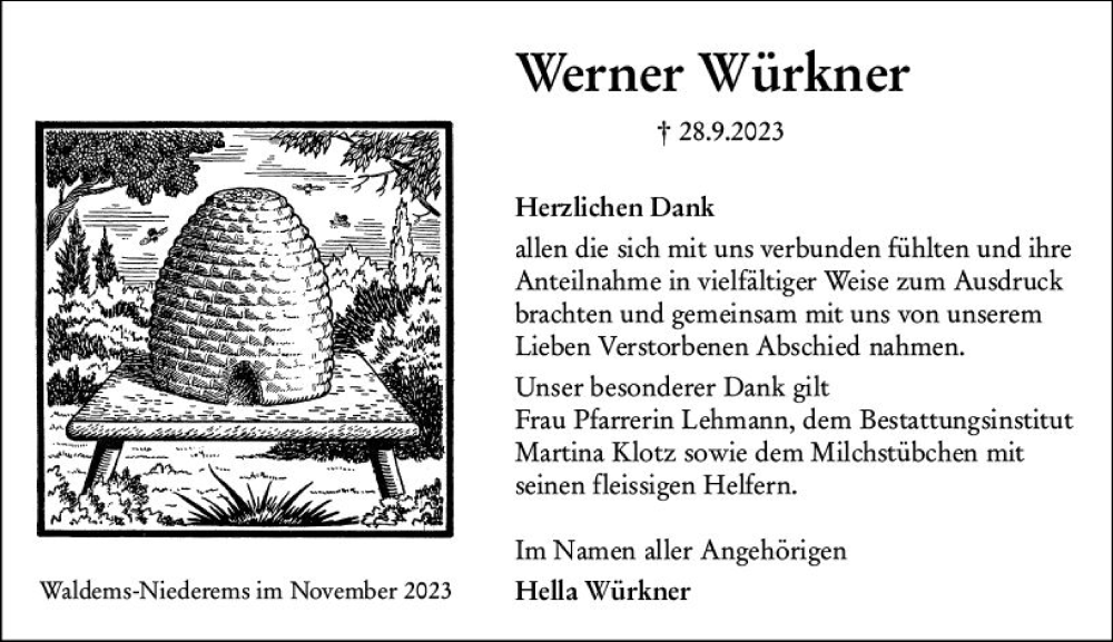  Traueranzeige für Werner Würkner vom 16.11.2023 aus Camberger Anzeiger