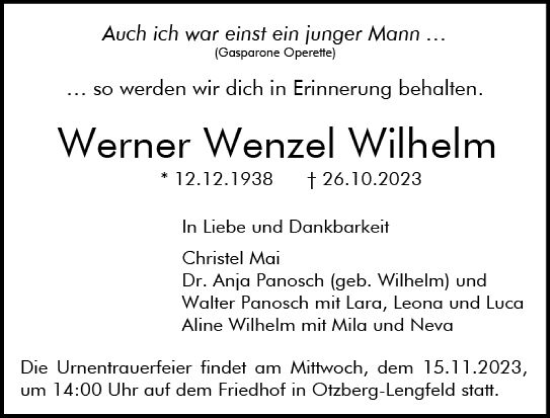 Traueranzeige von Werner Wenzel Wilhelm von Darmstädter Echo