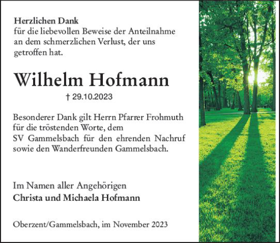 Traueranzeige von Wilhelm Hofmann von Odenwälder Echo