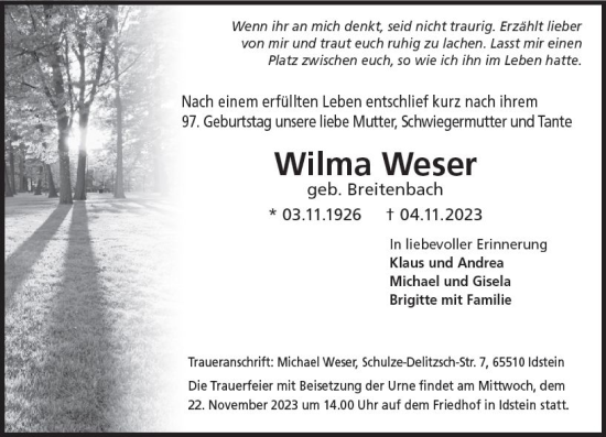 Traueranzeige von Wilma Weser von Wiesbadener Kurier
