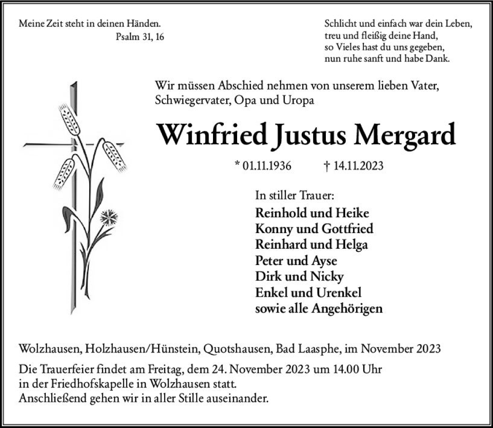  Traueranzeige für Winfried Justus Mergard vom 21.11.2023 aus Hinterländer Anzeiger