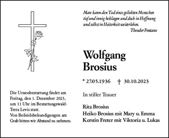 Traueranzeige von Wolfgang Brosius von Wiesbadener Kurier