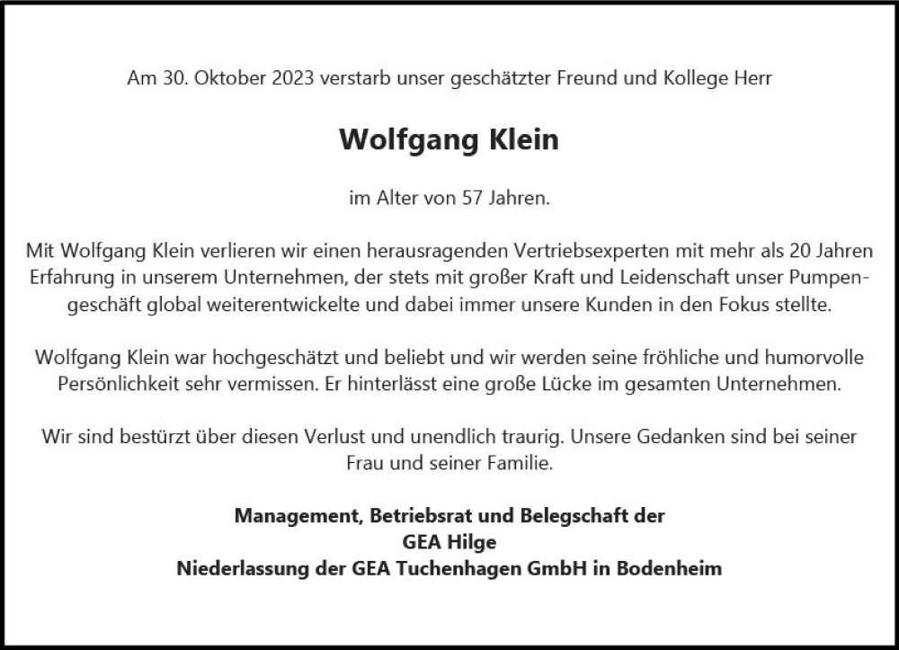  Traueranzeige für Wolfgang Klein vom 11.11.2023 aus Wiesbadener Kurier