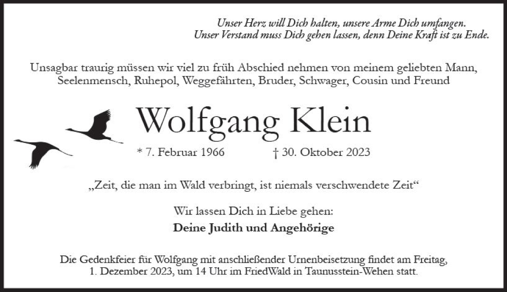  Traueranzeige für Wolfgang Klein vom 25.11.2023 aus Wiesbadener Kurier