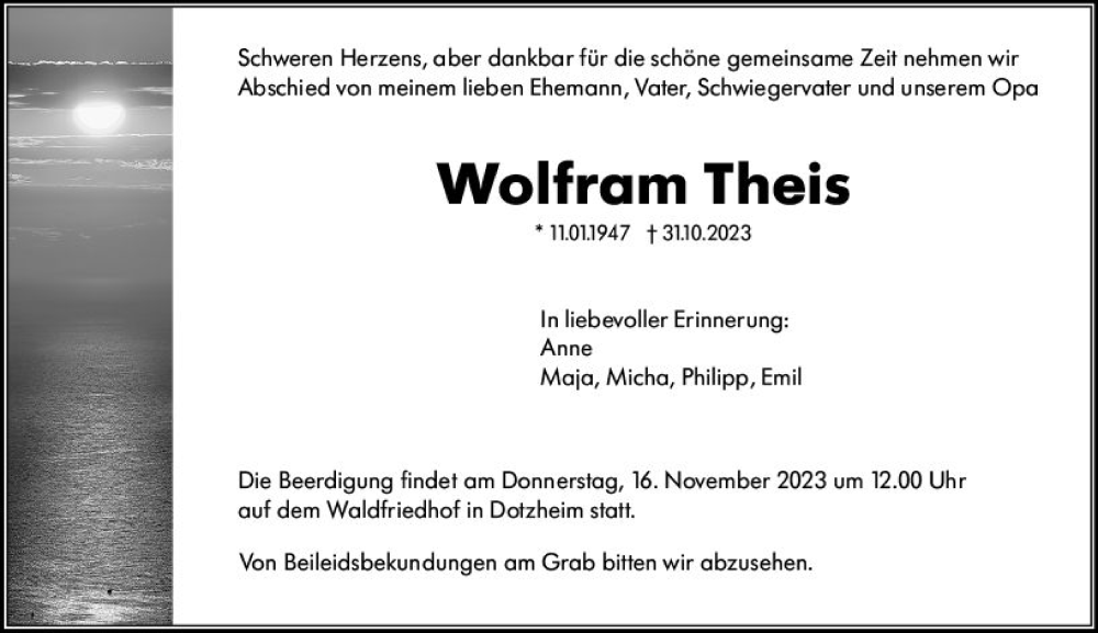  Traueranzeige für Wolfram Theis vom 11.11.2023 aus Wiesbadener Kurier