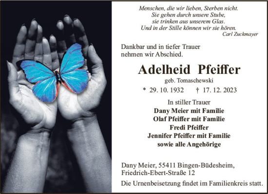Traueranzeige von Adelheid Pfeiffer von Allgemeine Zeitung Bad Kreuznach
