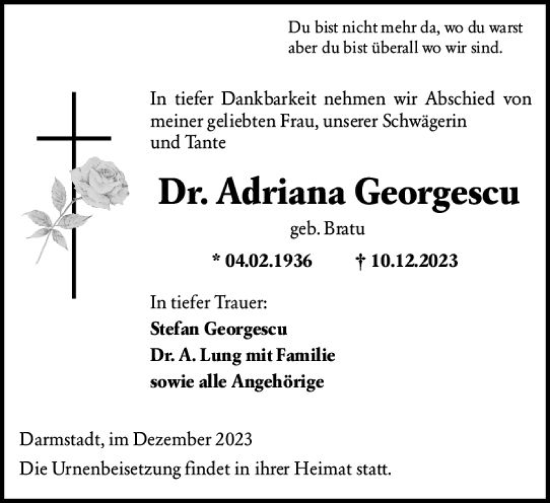 Traueranzeige von Adriana Georgescu von Darmstädter Echo
