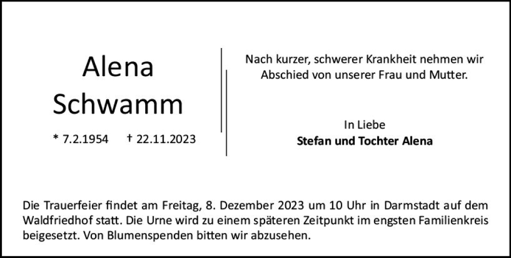  Traueranzeige für Alena Schwamm vom 02.12.2023 aus Darmstädter Echo