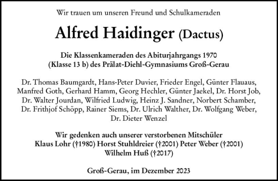 Traueranzeige von Alfred Haidinger von Groß-Gerauer Echo