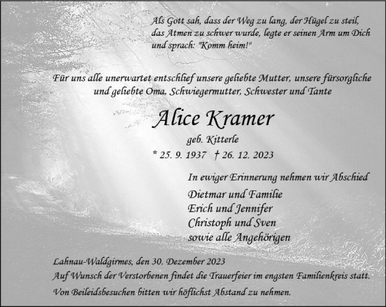 Traueranzeige von Alice Kramer von Wetzlarer Neue Zeitung