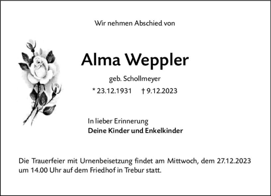 Traueranzeige von Alma Weppler von Groß-Gerauer Echo