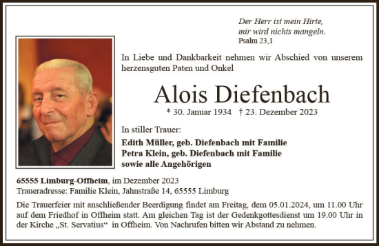 Traueranzeige von Alois Diefenbach von Nassauische Neue Presse