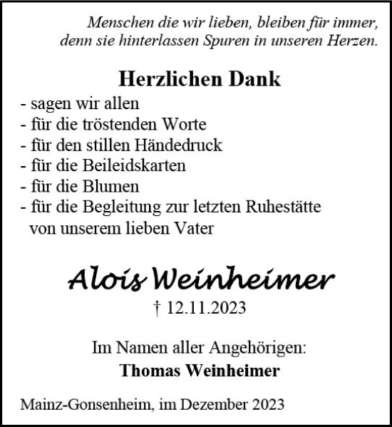 Traueranzeige von Alois Weinheimer von Allgemeine Zeitung Mainz