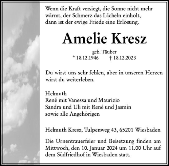 Traueranzeige von Amelie Kresz von Wiesbadener Kurier
