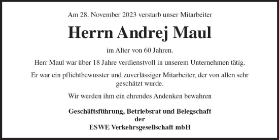 Traueranzeige von Andrej Maul von Wiesbadener Kurier