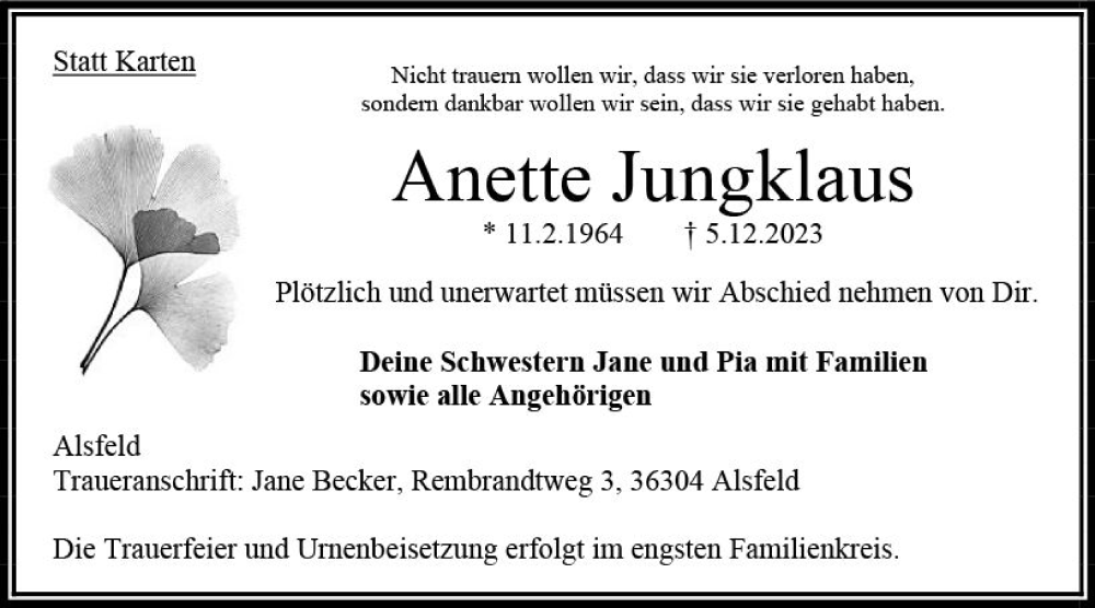  Traueranzeige für Anette Jungklaus vom 09.12.2023 aus VRM Trauer