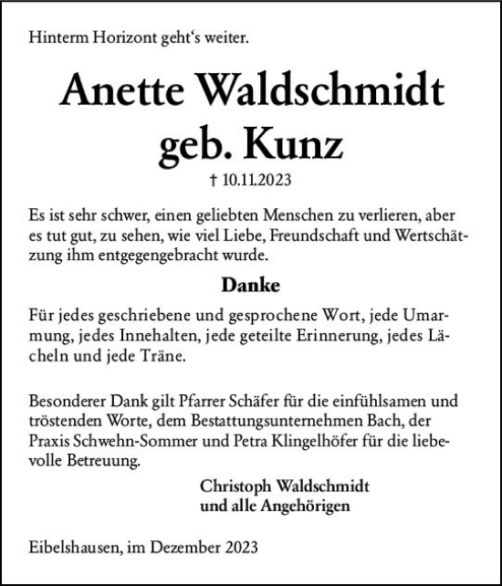 Traueranzeige von Anette Waldschmidt von Dill Block