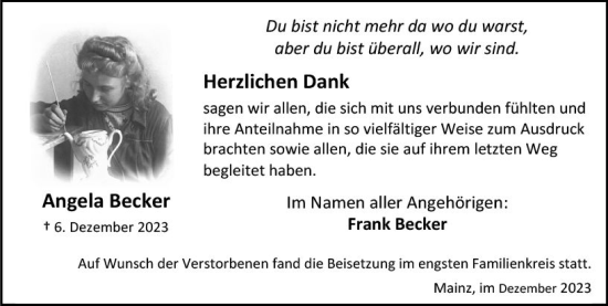 Traueranzeige von Angela Becker von Allgemeine Zeitung Mainz