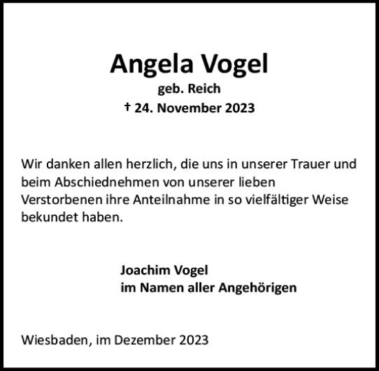 Traueranzeige von Angela Vogel von Wiesbadener Kurier