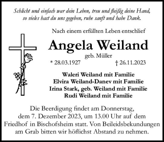 Traueranzeige von Angela Weiland von Rüsselsheimer Echo
