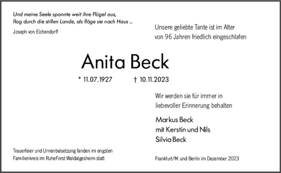 Traueranzeige von Anita Beck von Allgemeine Zeitung Bad Kreuznach