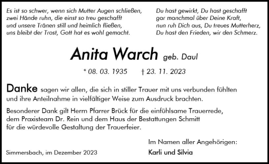 Traueranzeige von Anita Warch von Dill Block