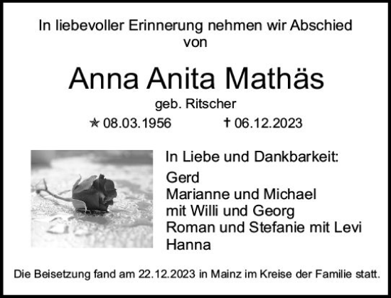 Traueranzeige von Anna Anita Mathäs von Allgemeine Zeitung Mainz
