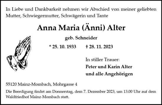 Traueranzeige von Anna Maria  Alter von Allgemeine Zeitung Mainz