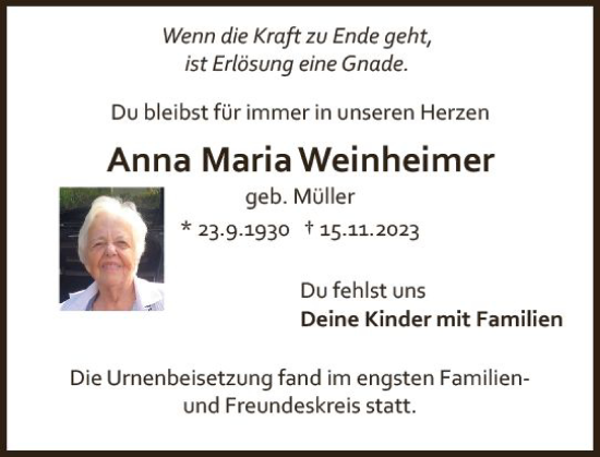Traueranzeige von Anna Maria Weinheimer von Allgemeine Zeitung Mainz