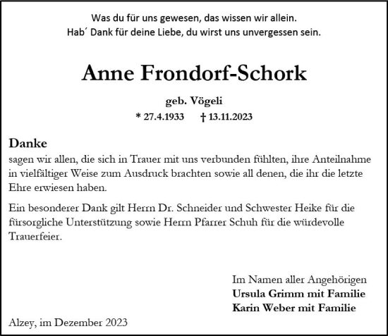 Traueranzeige von Anne Frondorf-Schork von Allgemeine Zeitung Alzey