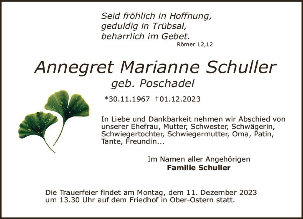  Traueranzeige für Annegret Marianne Schuller vom 06.12.2023 aus Odenwälder Echo