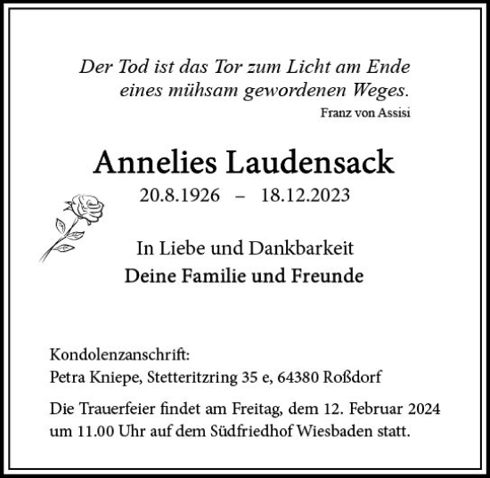 Traueranzeige von Annelies Laudensack von Wiesbadener Kurier