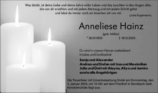 Traueranzeige von Anneliese Hainz von Odenwälder Echo