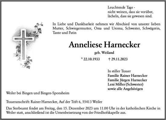 Traueranzeige von Anneliese Harnecker von Allgemeine Zeitung Bingen/Ingelheim