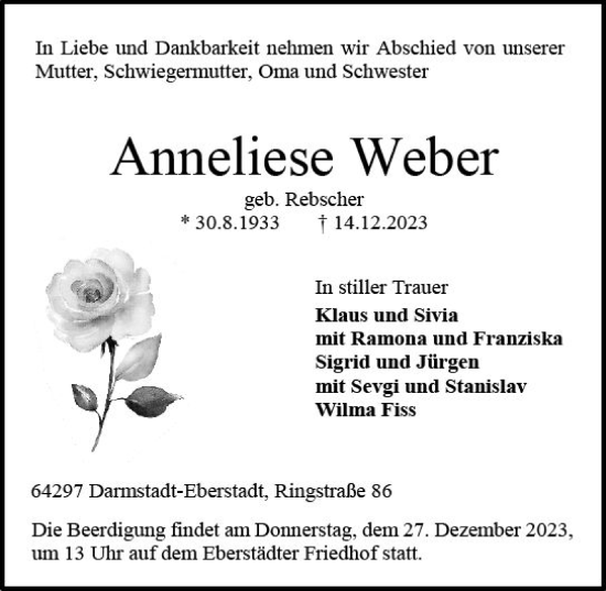 Traueranzeige von Anneliese Weber von Darmstädter Echo