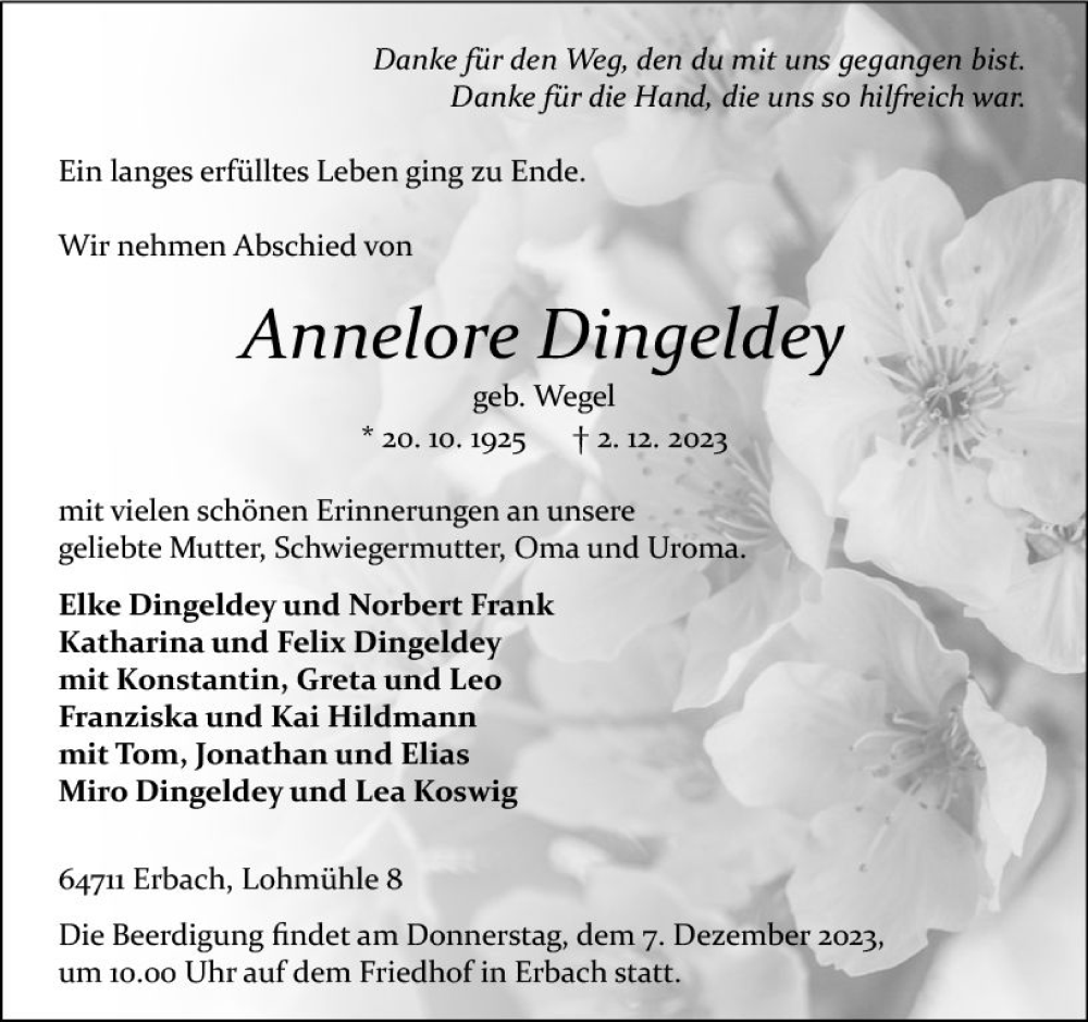  Traueranzeige für Annelore Dingeldey vom 06.12.2023 aus Odenwälder Echo