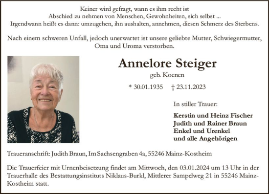 Traueranzeige von Annelore Steiger von Allgemeine Zeitung Mainz