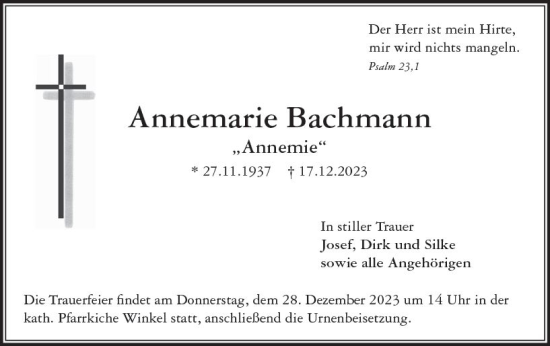 Traueranzeige von Annemarie Bachmann von Wiesbadener Kurier