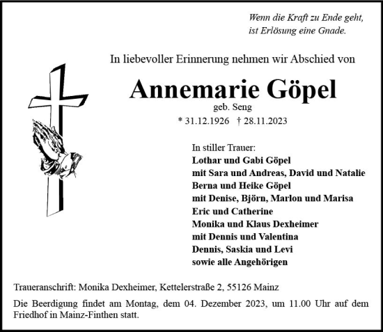 Traueranzeige von Annemarie Göpel von Allgemeine Zeitung Mainz