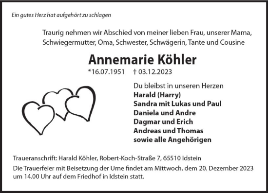 Traueranzeige von Annemarie Köhler von Idsteiner Land/Untertaunus